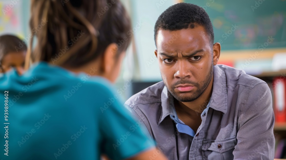 Teacher with Stern Expression Reprimanding Student for Cheating: Emphasizing Academic Integrity and Authority Teacher with Stern Expression Reprimanding Student for Cheating: Emphasizing Academic Integrity and Authority