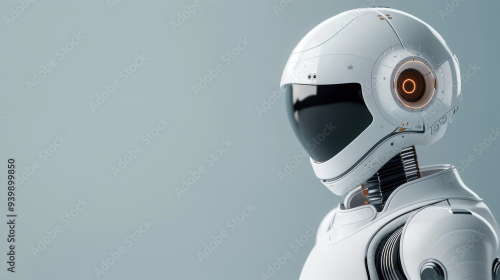 Close-up of a sleek white humanoid robot with a black visor, showcasing advanced technology and futuristic design. Close-up of a sleek white humanoid robot with a black visor, showcasing advanced technology and futuristic design.