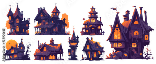 cartoon haunted house. black hut, halloween abandoned gloomy mystical dark building creepy gothic vector illustration