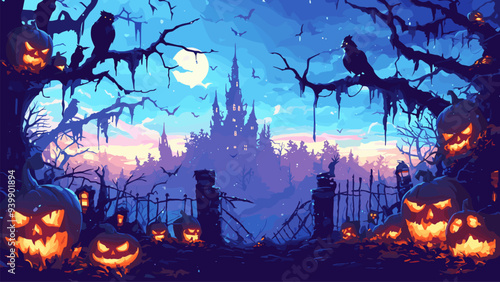 castle in dark forest. halloween background, old mansion gloomy pumpkin lantern night moon broken gate dead trees horror mysticism creepy vector illustration