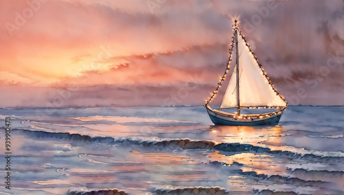Sailboat decorated with string lights anchored near the shore at dusk. Scenic coastal landscape. Holiday celebration and maritime Christmas theme