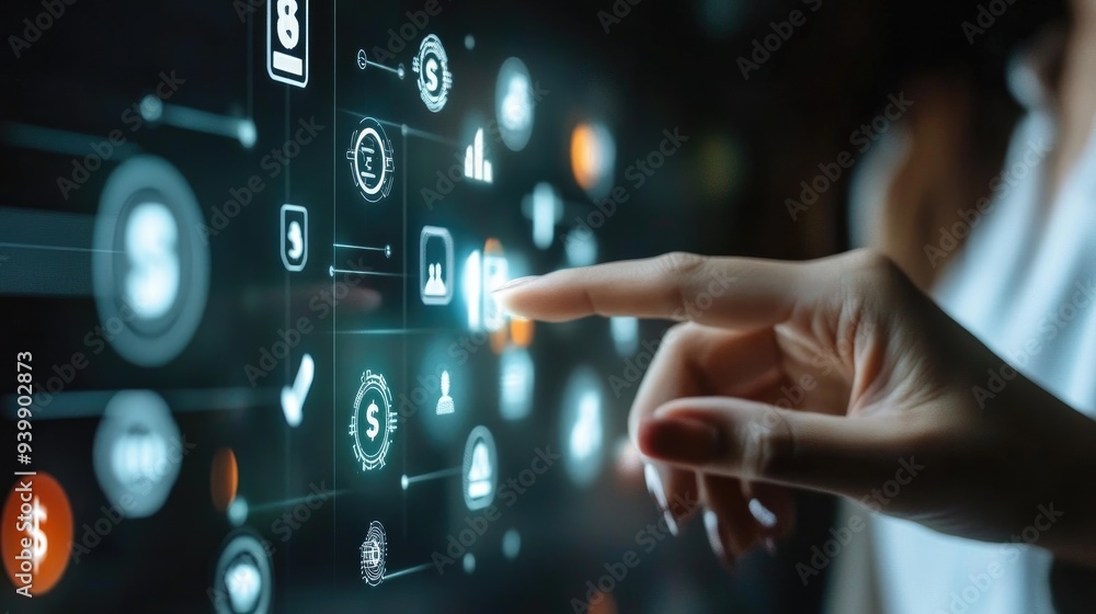 Businessperson touching virtual financial icons, concept of digital banking and finance Businessperson touching virtual financial icons, concept of digital banking and finance