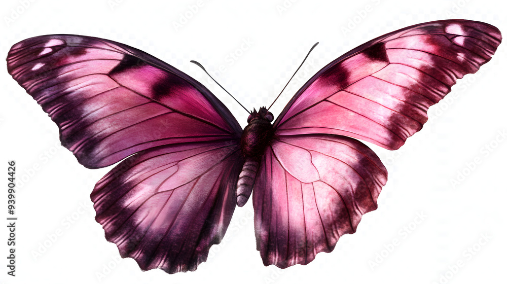 A beautiful pink butterfly is close by against a train picture A beautiful pink butterfly is close by against a train picture