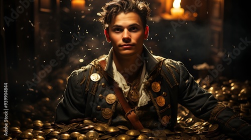 A whimsical individual wearing a pirate costume, standing on a treasure chest surrounded by floating gold coins and jewels