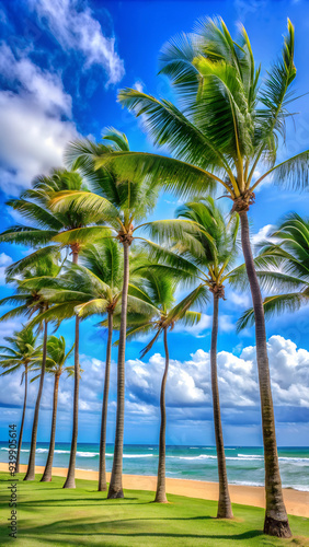 Group of beautiful Hawaiian palm trees in windy day in Honolulu, Waikiki Beach.