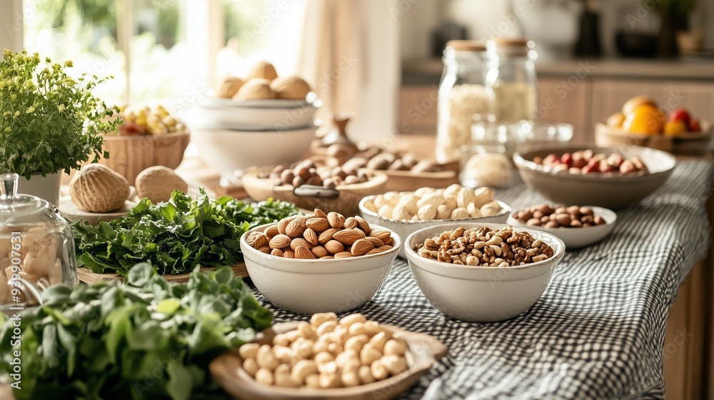A table showcases vibrant nuts in elegant bowls, surrounded by fruits and leafy greens in a rustic kitchen. A table showcases vibrant nuts in elegant bowls, surrounded by fruits and leafy greens in a rustic kitchen.
