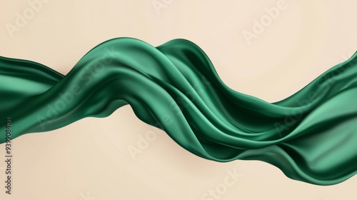 Flowing emerald silk fabric draped as an elegant banner. Isolated on beige, perfect for special occasions like grand openings. 3D vector illustration.