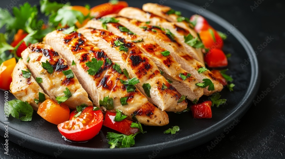 Grilled chicken breast with vegetables. Ketogenic diet breakfast. Healthy food. High fat, low carb. Grilled chicken breast with vegetables. Ketogenic diet breakfast. Healthy food. High fat, low carb.