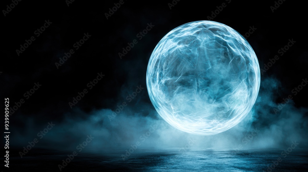 Glowing energy sphere over dark ocean Glowing energy sphere over dark ocean