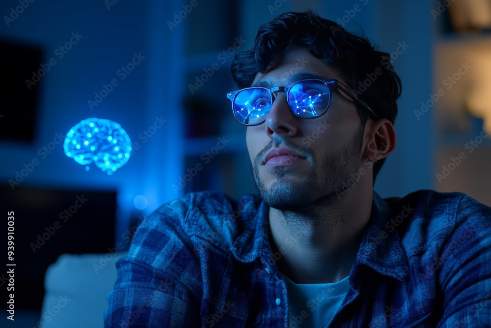 A man wearing glasses looks at a glowing brain model symbolizing ...