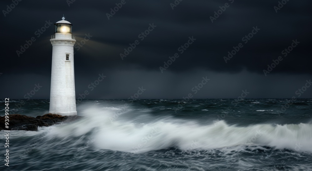 Lighthouse illuminating stormy ocean waves at night Lighthouse illuminating stormy ocean waves at night