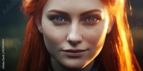 Intense gaze of a woman with fiery red hair