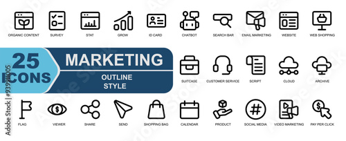 marketing icon collection.thick outline style.contains email marketing,digital marketing,layout,website,web shopping,online shopping,suitcase,customer service.