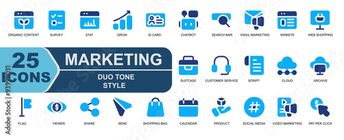 icon set marketing, duo tone style. contains shopping bag, schedule, calendar, product, social media, hashtag, video marketing, video content, pay per click, money, click money.