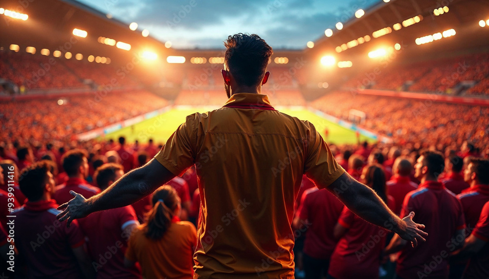 Back view of excited football fans in a packed stadium, illuminated by vibrant evening lights and cheering.
Back view of excited football fans in a packed stadium, illuminated by vibrant evening lights and cheering.