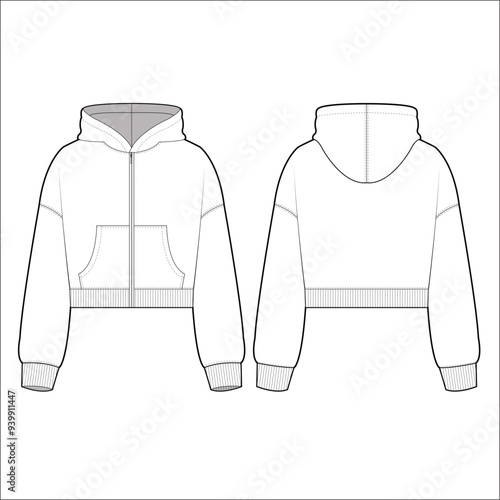 Crop Hoodie technical fashion illustration. hoodie vector template illustration. front and back view. Crop. drop shoulder. unisex. white colour. CAD mockup.