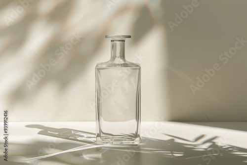 Elegant glass bottle on reflective surface