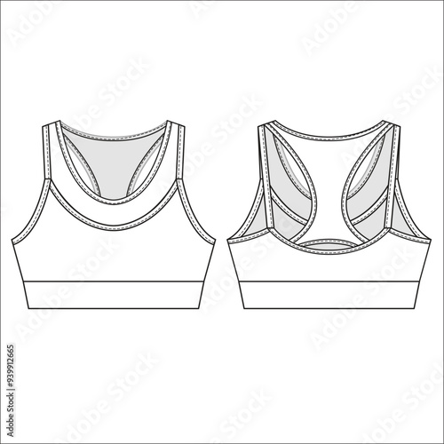 Womens Sport wrap Bra fashion flat sketch template. Sports wear fashion design set illustration . Front and back views