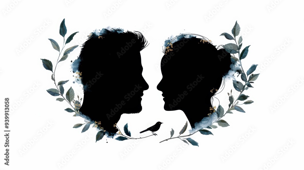 silhouettes of two people in a floral frame silhouettes of two people in a floral frame