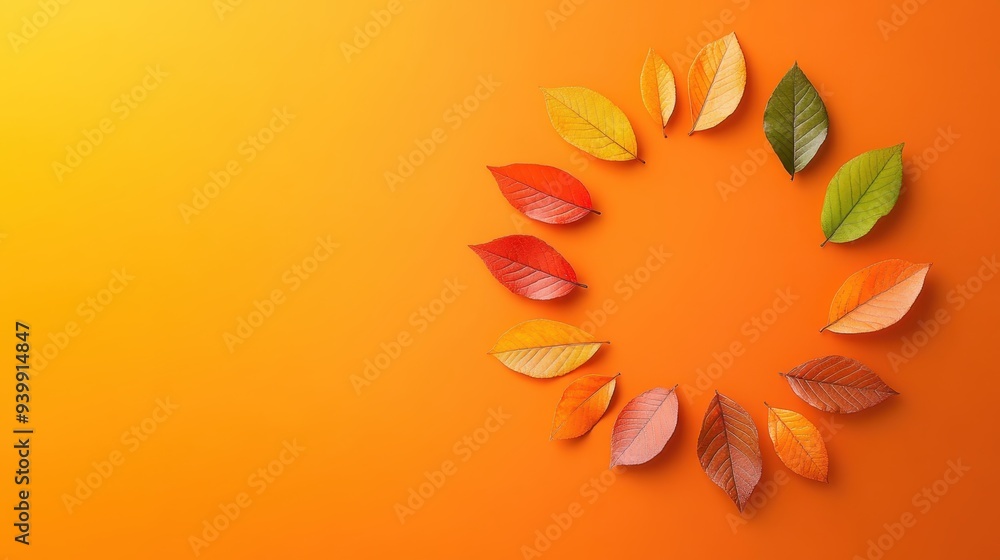 Fototapeta premium Vibrant Autumn Leaves Circular Design on Warm Gradient Background in Flat Illustration Style with Copy Space for Text