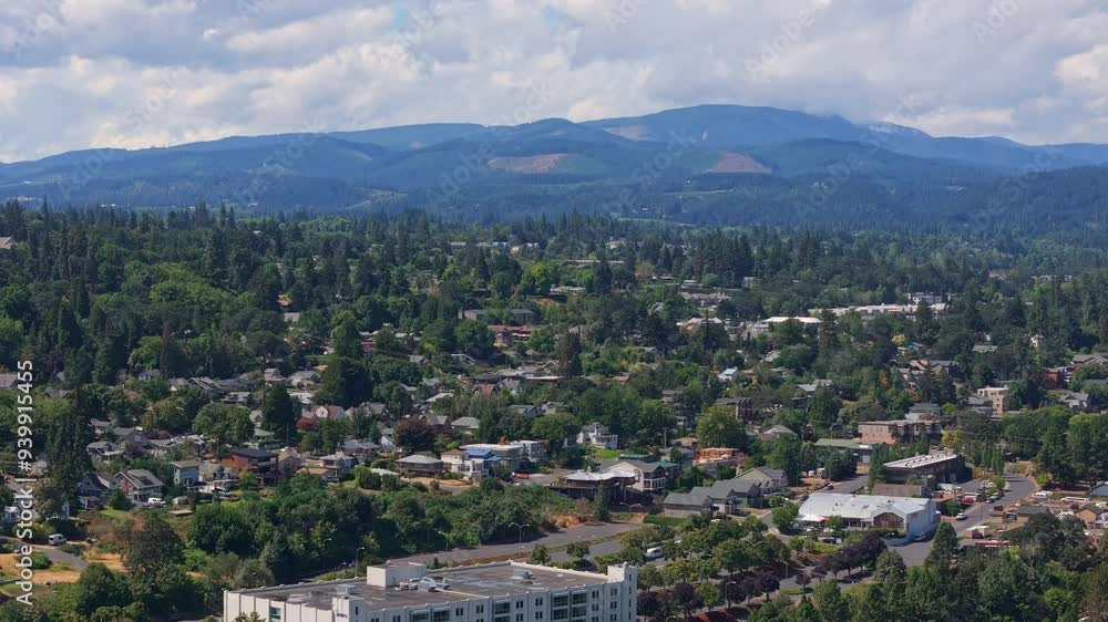 Columbia River Gorge National Scenic Area: City of Hood River, OR. Aerial Drone view of Hood River, Oregon. Slow crane up, wide shot. Columbia River Gorge National Scenic Area: City of Hood River, OR. Aerial Drone view of Hood River, Oregon. Slow crane up, wide shot.