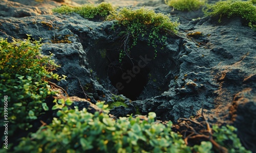 Lush green foliage surrounding a mysterious cave entrance