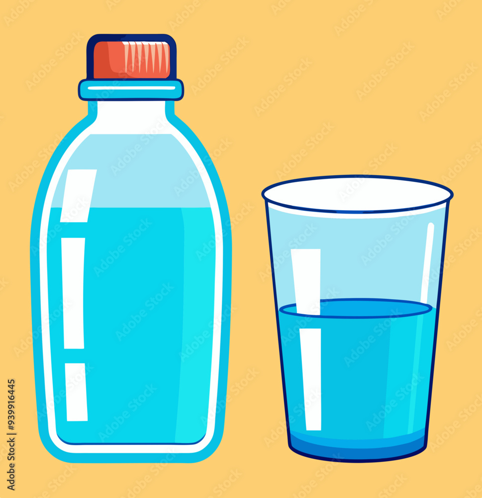 Water bottle and cup or glass vector icon. stock illustration Water bottle and cup or glass vector icon. stock illustration