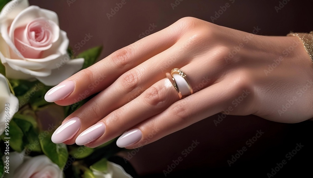Fototapeta premium Close-up of a hand with soft pink nails, adorned with a gold ring, gently resting near delicate white roses. The composition radiates elegance and romantic beauty, enhanced by the gentle lighting.