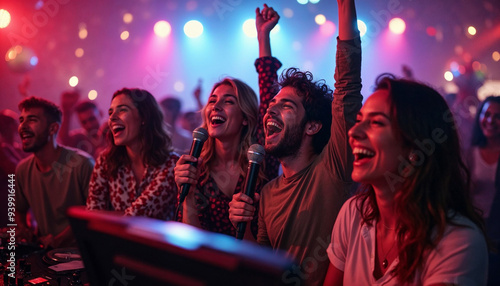 Friends at a lively karaoke party in a brightly lit nightclub, enjoying with joy and vibrant decorations.







 photo