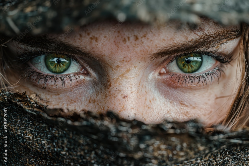 Closeup of intense green eyes with freckles Closeup of intense green eyes with freckles