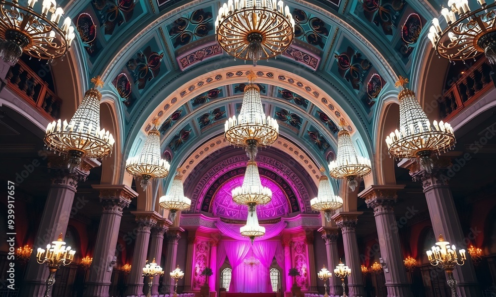 Obraz premium Beautiful wedding area with chandeliers and bright arches
