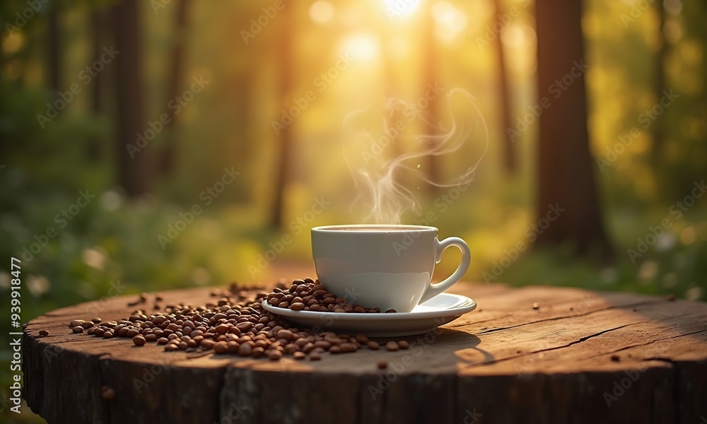 Obraz premium Fresh coffee on rustic table in nature generated by 