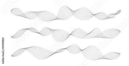 Set of black halftone waves on white background. Curve shape with small particles. Abstract liquid shapes, wave effect, dotted gradient, texture, sound wave. Digital equalizer. Vector collection