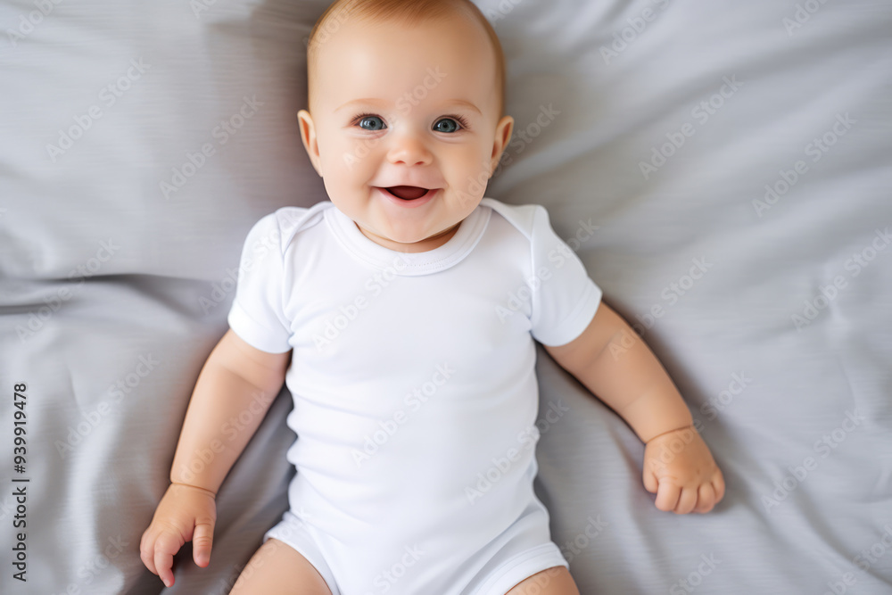 Smiling cute little baby lying on bed with light gray bedding. Kid wearing blank solid white baby bodysuit onesie. Blank gender neutral newborn bodysuit template mock up. Top view Smiling cute little baby lying on bed with light gray bedding. Kid wearing blank solid white baby bodysuit onesie. Blank gender neutral newborn bodysuit template mock up. Top view