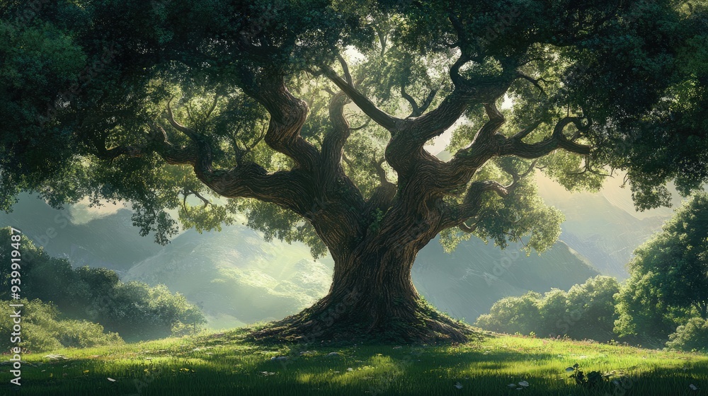 Anime tree with wide, twisted branches, standing on short green grass, mystical and ancient Anime tree with wide, twisted branches, standing on short green grass, mystical and ancient