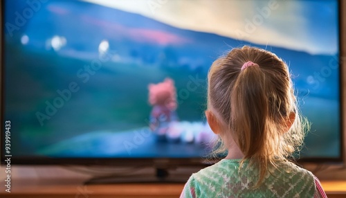 A young girl is observed from the back, sitting alone in the living room, engrossed in watching television. photo