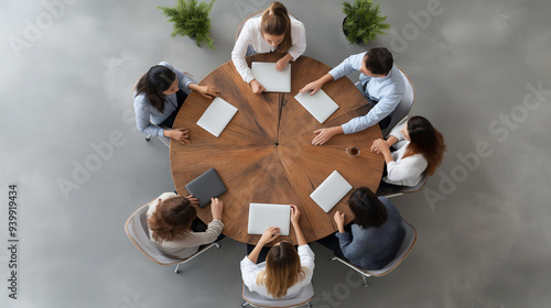 A diverse team of eight professionals engages in discussion and brainstorming at a round table in a contemporary office space, fostering collaboration