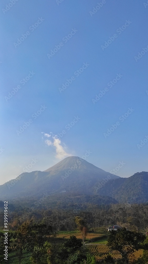 Obraz premium Majestic view of Mount Penanggungan, a volcano in East Java, Indonesia, surrounded by lush greenery and clear blue skies