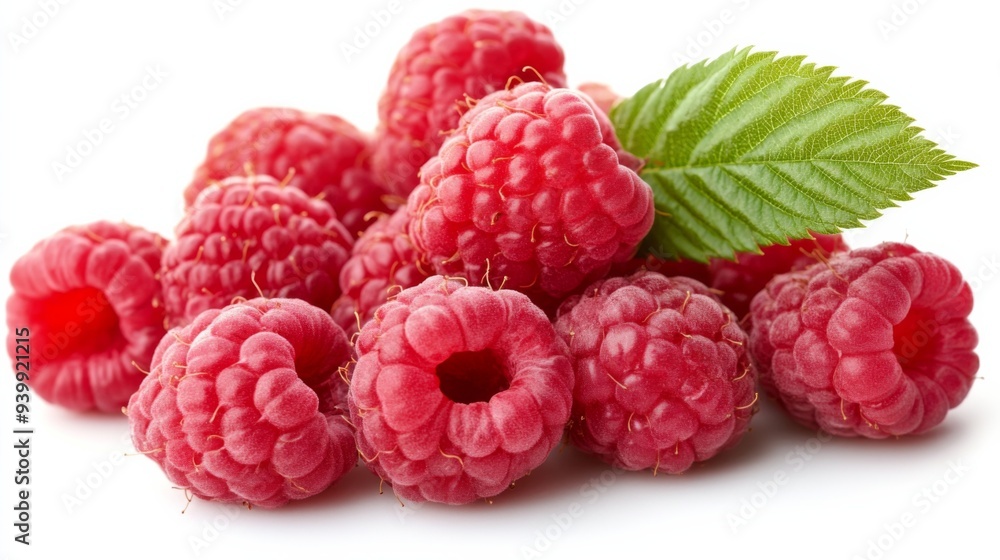 Fresh Raspberries with Green Leaf Isolated on White Background Fresh Raspberries with Green Leaf Isolated on White Background