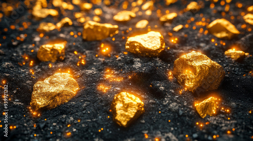 Close-up of scattered gold nuggets on dark soil, illustrating natural gold deposits and the mining process.