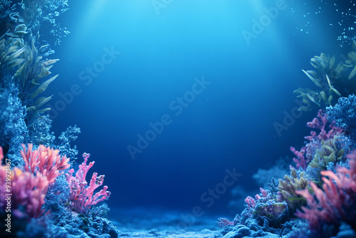 A vibrant coral reef scene with sunlight rays penetrating deep blue water creating a peaceful and colorful underwater environment photo