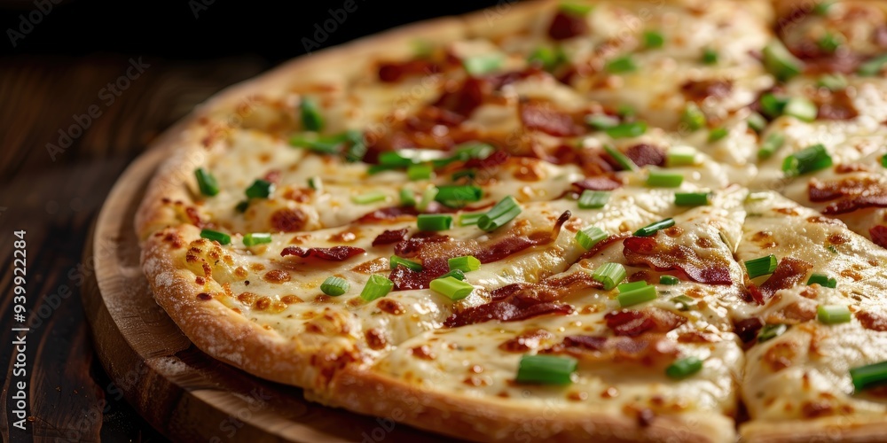 White pizza without gluten topped with bacon and green onions, featuring selective focus. White pizza without gluten topped with bacon and green onions, featuring selective focus.