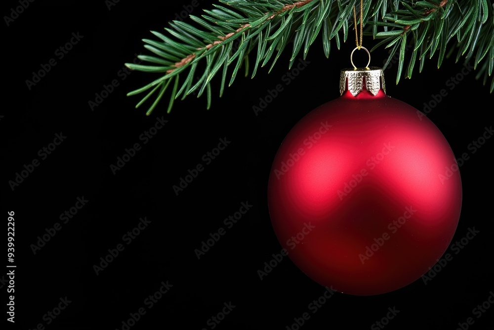 Red christmas ornament hanging from pine tree branch Red christmas ornament hanging from pine tree branch