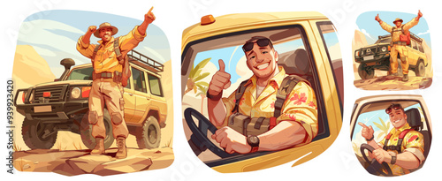 guy on safari. man driving off-road vehicle, expedition travel adventure driver jeep tropical shirt special suit boots equipment tourism vector illustration