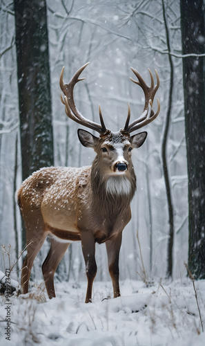 Wallpaper Mural Majestic deer in snowy forest, intricate antlers, serene atmosphere Torontodigital.ca