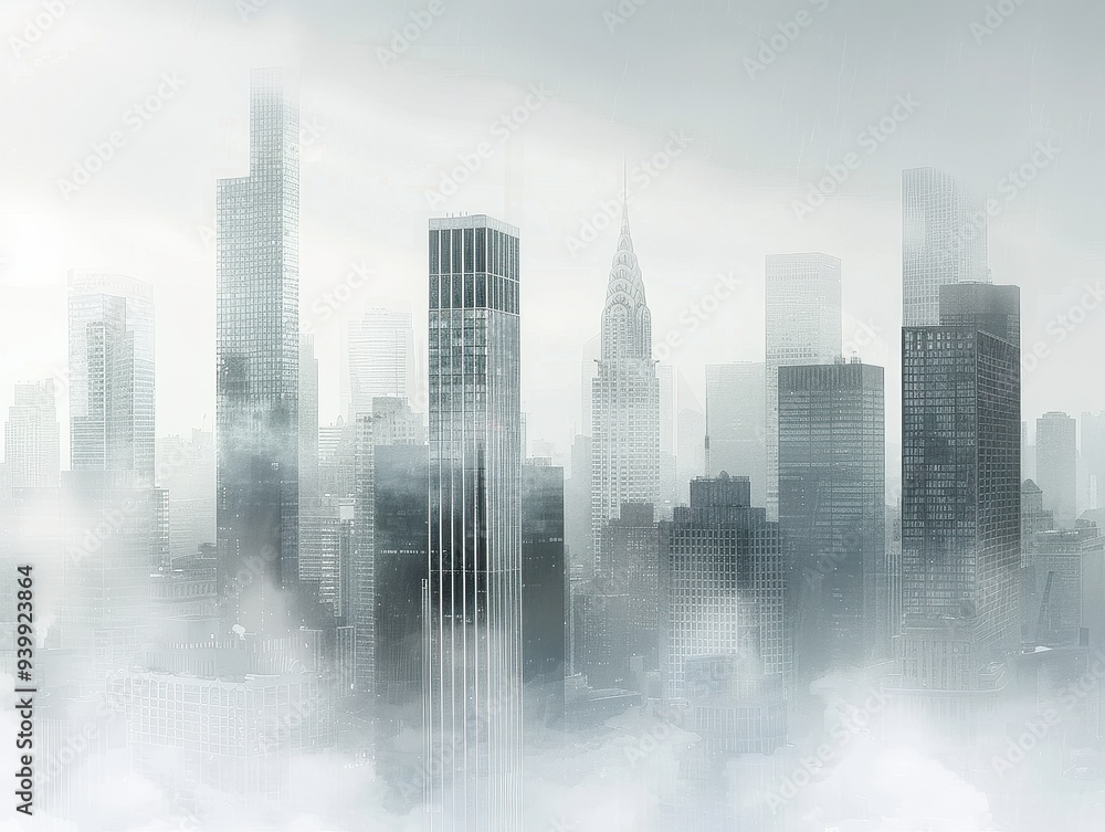 Panoramic Cityscape in Foggy Mystery Panoramic Cityscape in Foggy Mystery