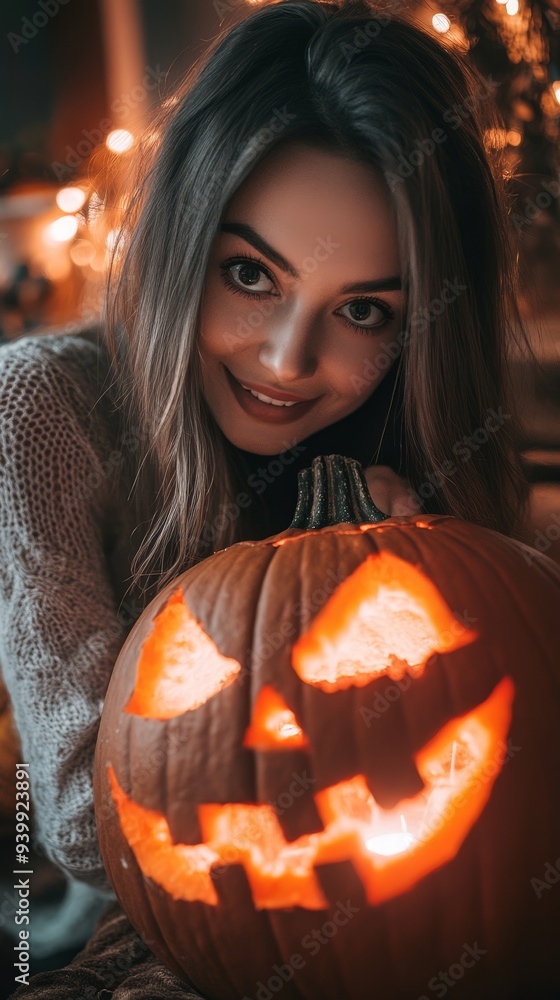 Close-up smiling woman with Halloween pumpkin. Cozy Halloween concept. Vertical photo Close-up smiling woman with Halloween pumpkin. Cozy Halloween concept. Vertical photo