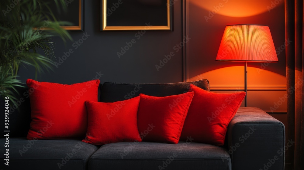 Cozy Living Room with Red Decor and Soft Lighting Cozy Living Room with Red Decor and Soft Lighting