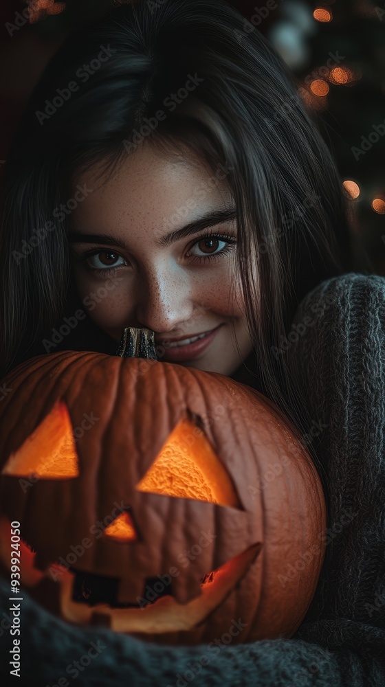 Close-up smiling woman with Halloween pumpkin. Cozy Halloween concept. Vertical photo