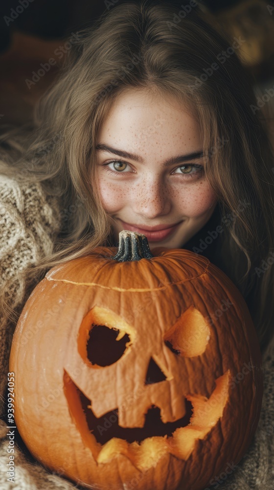 Close-up smiling woman with Halloween pumpkin. Cozy Halloween concept. Vertical photo Close-up smiling woman with Halloween pumpkin. Cozy Halloween concept. Vertical photo